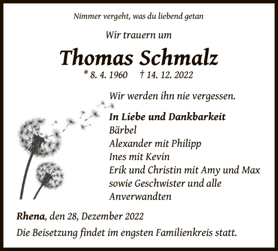 Traueranzeige von Thomas Schmalz von WLZ