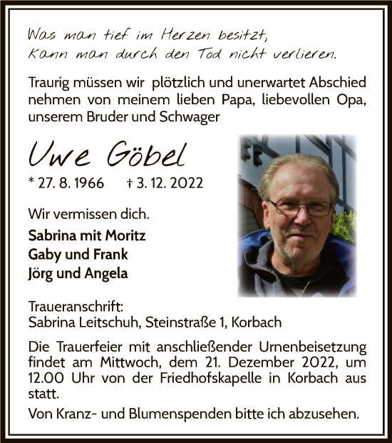Traueranzeige von Uwe Göbel von WLZ