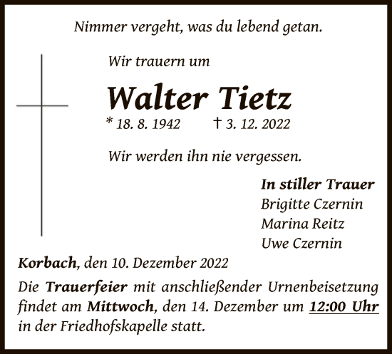 Traueranzeige von Walter Tietz von WLZ