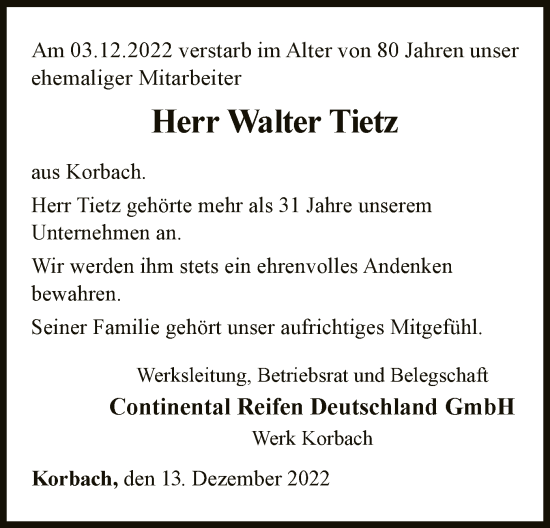 Traueranzeige von Walter Tietz von WLZ