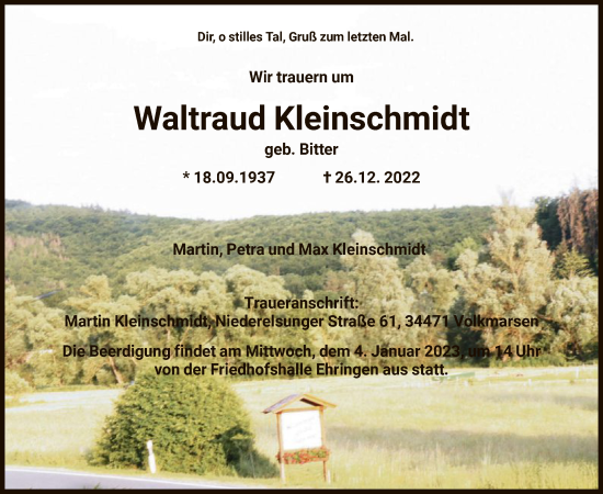Traueranzeige von Waltraud Kleinschmidt von HNA