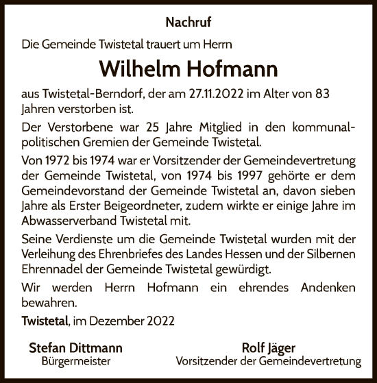 Traueranzeige von Wilhelm Hofmann von WLZ