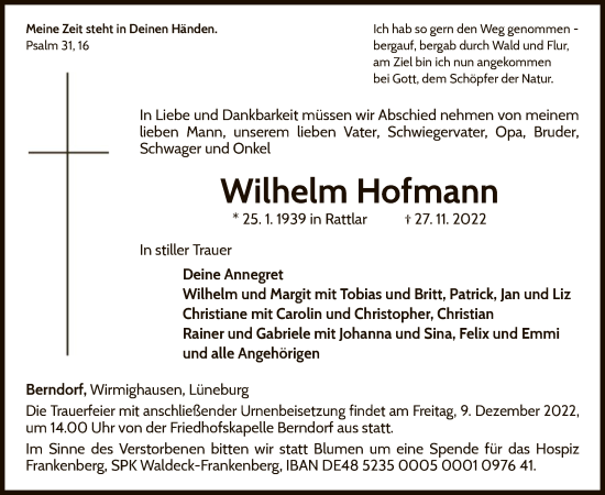 Traueranzeige von Wilhelm Hofmann von WLZ