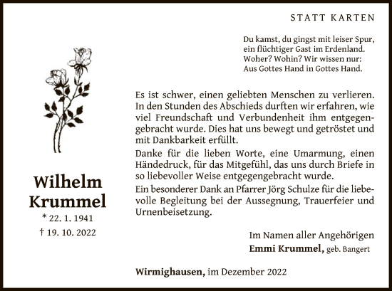 Traueranzeige von Wilhelm Krummel von WLZ