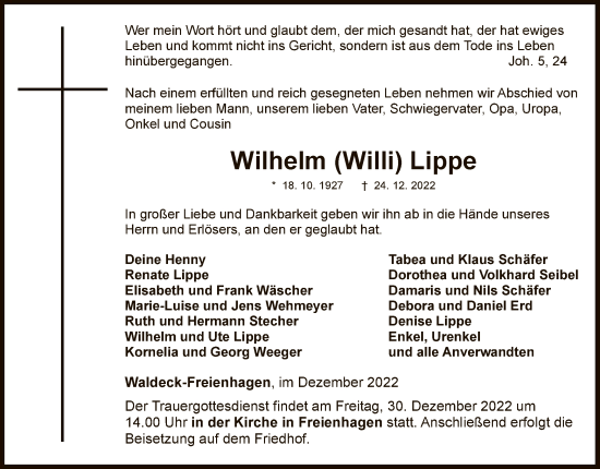 Traueranzeige von Wilhelm Lippe von WLZ