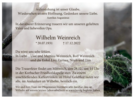 Traueranzeige von Wilhelm Weinreich von WLZ