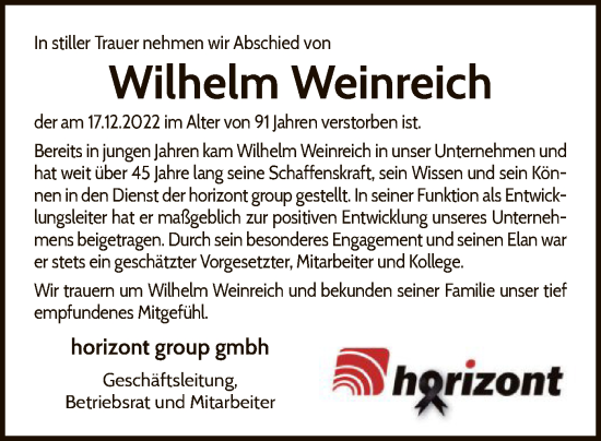 Traueranzeige von Wilhelm Weinreich von WLZ