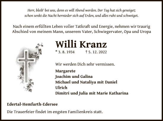 Traueranzeige von Willi Kranz von WLZ