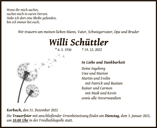 Traueranzeige von Willi Schüttler von WLZ