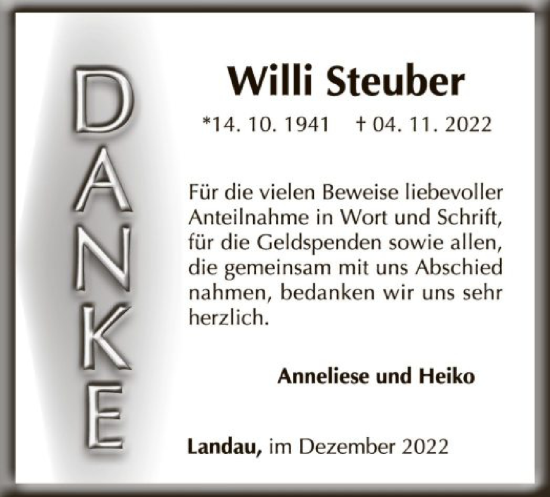 Traueranzeige von Willi Steuber von WLZ