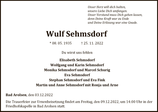 Traueranzeige von Wulf Sehmsdorf von WLZ