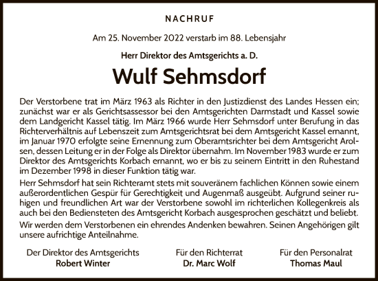 Traueranzeige von Wulf Sehmsdorf von WLZ