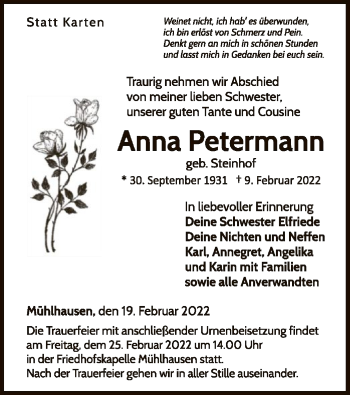 Traueranzeige von Anna Petermann von WLZ