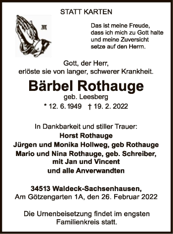 Traueranzeige von Bärbel Rothauge von WLZ