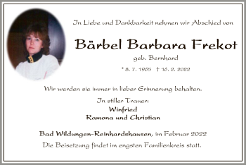 Traueranzeige von Bärbel Barbara Frekot von WLZ