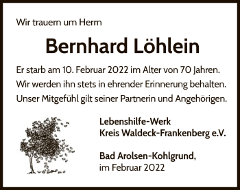 Traueranzeige von Bernhard Löhlein von WLZ
