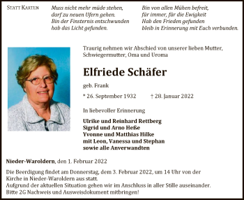 Traueranzeige von Elfriede Schäfer von WLZ