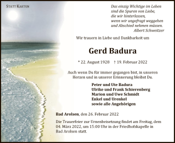 Traueranzeige von Gerd Badura Badura von WLZ