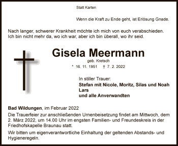 Traueranzeige von Gisela Meermann von WLZ