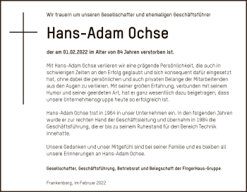 Traueranzeige von Hans-Adam Ochse von HNA