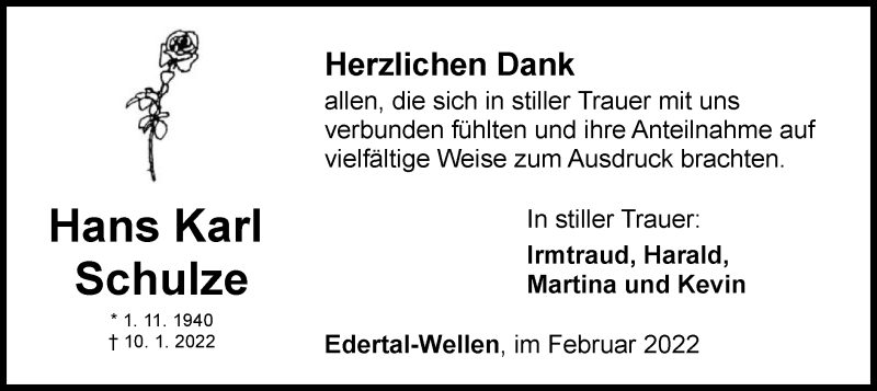  Traueranzeige für Hans Karl Schulze vom 05.02.2022 aus WLZ