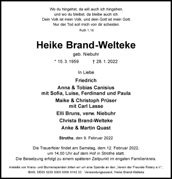 Traueranzeige von Heike Brand-Welteke von WLZ