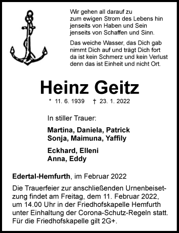 Traueranzeige von Heinz Geitz von WLZ