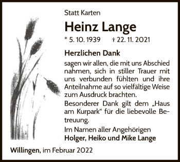 Traueranzeige von Heinz Lange von WLZ