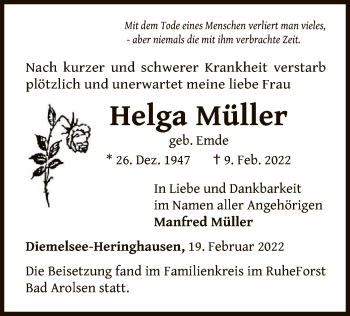 Traueranzeige von Helga Müller von WLZ