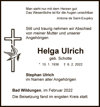 Traueranzeige von Helga Ulrich von WLZ