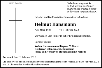 Traueranzeige von Helmut Hansmann von WLZ