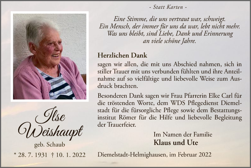  Traueranzeige für Ilse Weishaupt vom 19.02.2022 aus WLZ