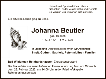 Traueranzeige von Johanna Beutler von WLZ