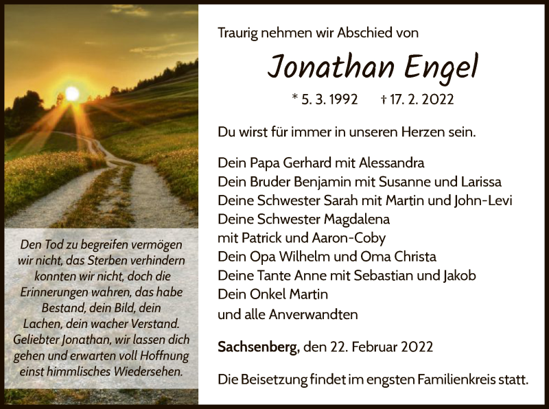  Traueranzeige für Jonathan Engel vom 23.02.2022 aus WLZ