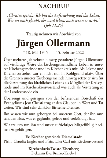 Traueranzeige von Jürgen Ollermann von WLZ