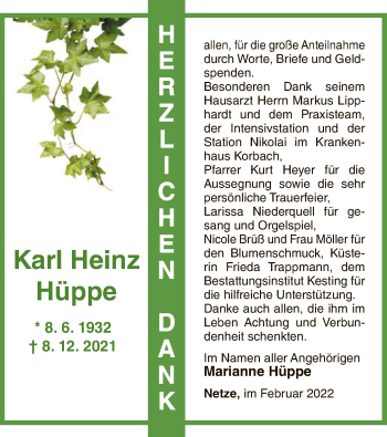 Traueranzeige von Karl Heinz Hüppe von WLZ