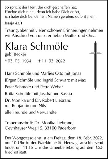 Traueranzeige von Klara Schmöle von WLZ