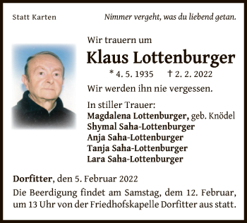 Traueranzeige von Klaus Lottenburger von WLZ