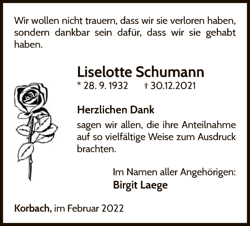  Traueranzeige für Liselotte Schumann vom 12.02.2022 aus WLZ