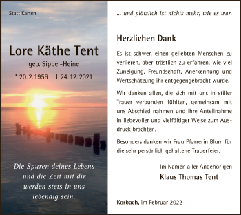 Traueranzeige von Lore Käthe Tent von WLZ