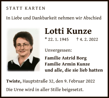 Traueranzeige von Lotti Kunze von WLZ