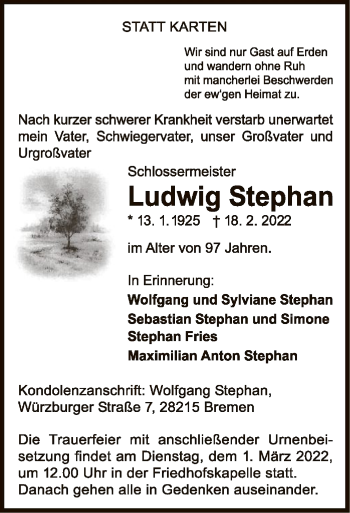 Traueranzeige von Ludwig Stephan von WLZ