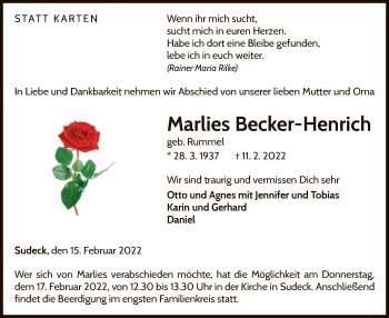 Traueranzeige von Marlies Becker-Henrich von WLZ