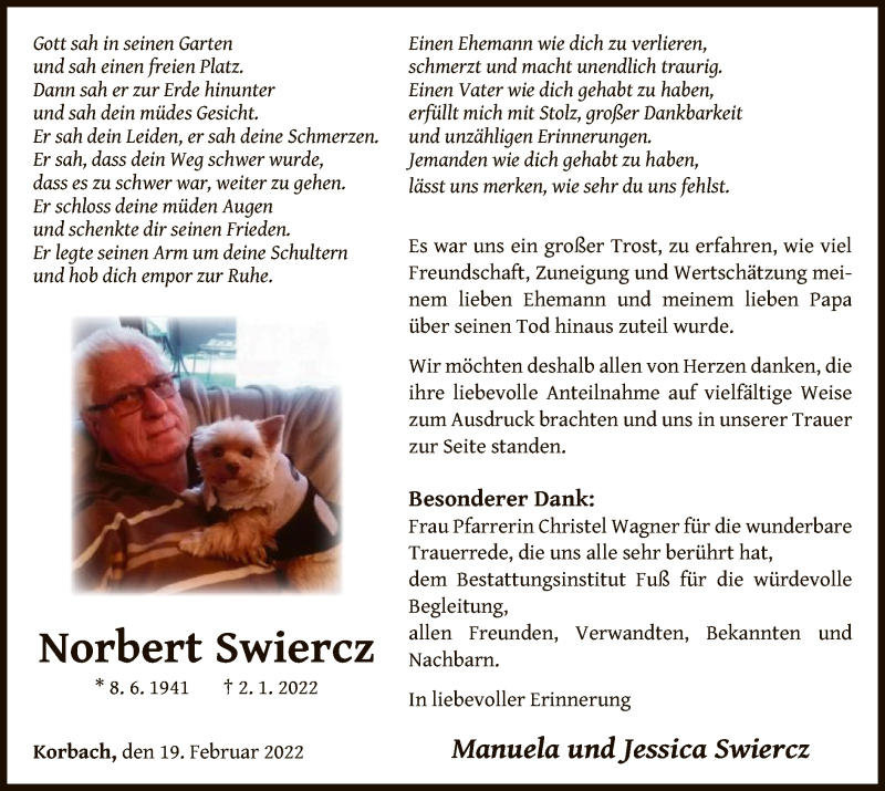  Traueranzeige für Norbert Swiercz vom 19.02.2022 aus WLZ