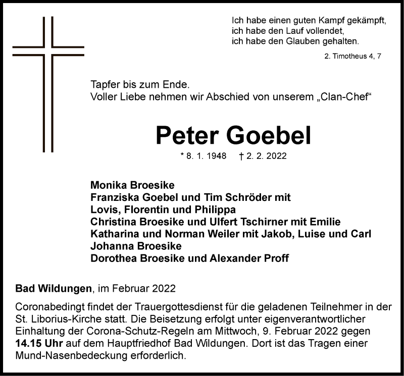  Traueranzeige für Peter Goebel vom 05.02.2022 aus WLZ