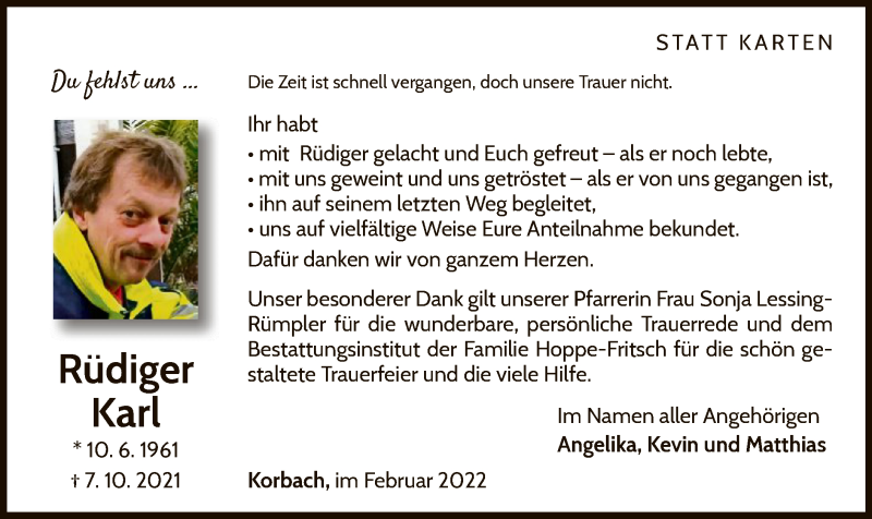  Traueranzeige für Rüdiger Karl vom 12.02.2022 aus WLZ