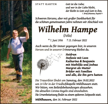 Traueranzeige von Wilhelm Hampe von WLZ