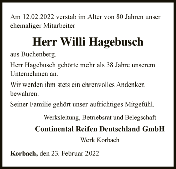 Traueranzeige von Willi Hagebusch von WLZ