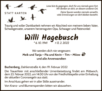 Traueranzeige von Willi Hagebusch von WLZ