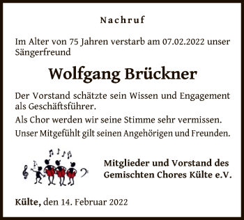 Traueranzeige von Wolfgang Brückner von WLZ